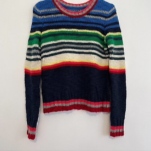 AMERICAN EAGLE Rainbow Navy Cream Striped Chunky Knit WOOL Etc Crew Neck Sweater - Picture 8 of 12